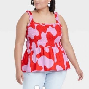 Ava & Viv Women's Plus Size Smocked Peplum Tank Top - Red Abstract